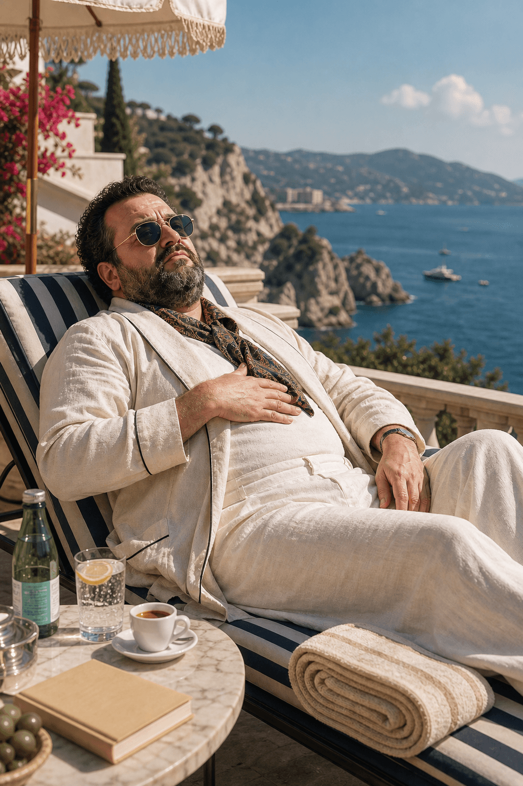 A tense bearded man trying too hard to relax on a Mediterranean villa terrace