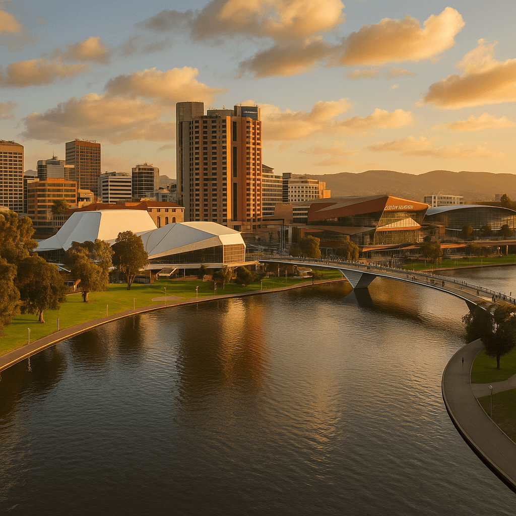 Golden hour over Adelaide cityscape, capturing the warm evening light and atmosphere described in the story