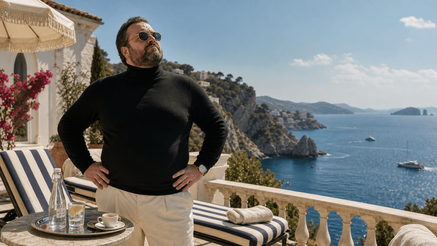 A refined Mediterranean terrace with a smugly relaxed man making leisure look complicated