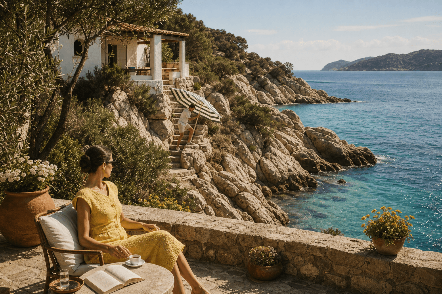 Sardinian coastline with a quiet terrace and a small umbrella mishap
