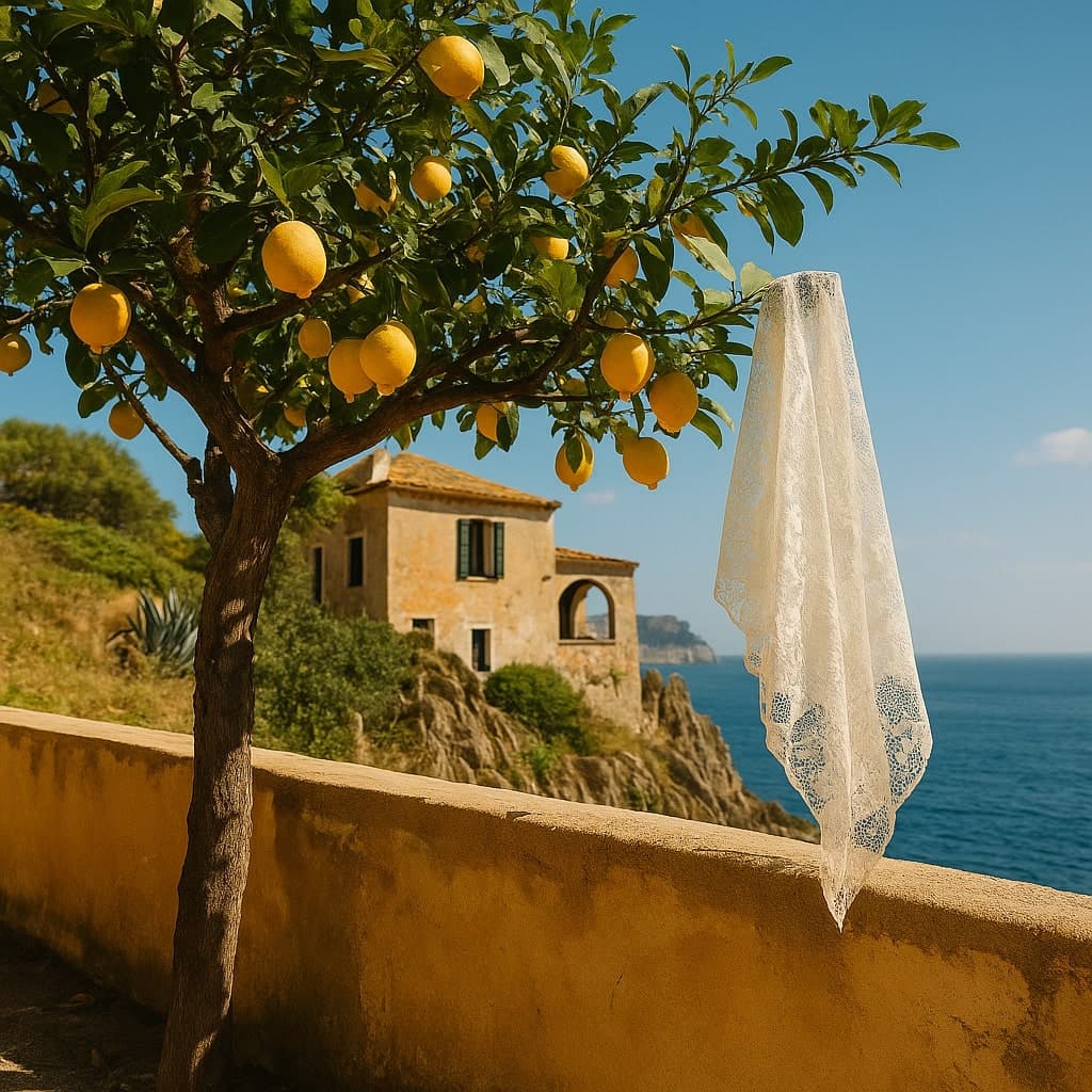 Lemon tree against black volcanic stone at Domenico Dolce's Stromboli villa