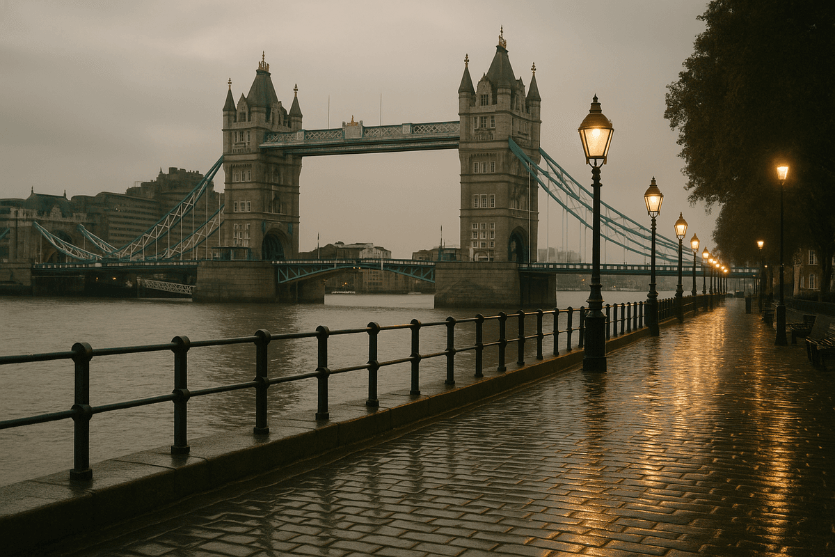 London Bridge in the early morning mist, representing the English setting of the story