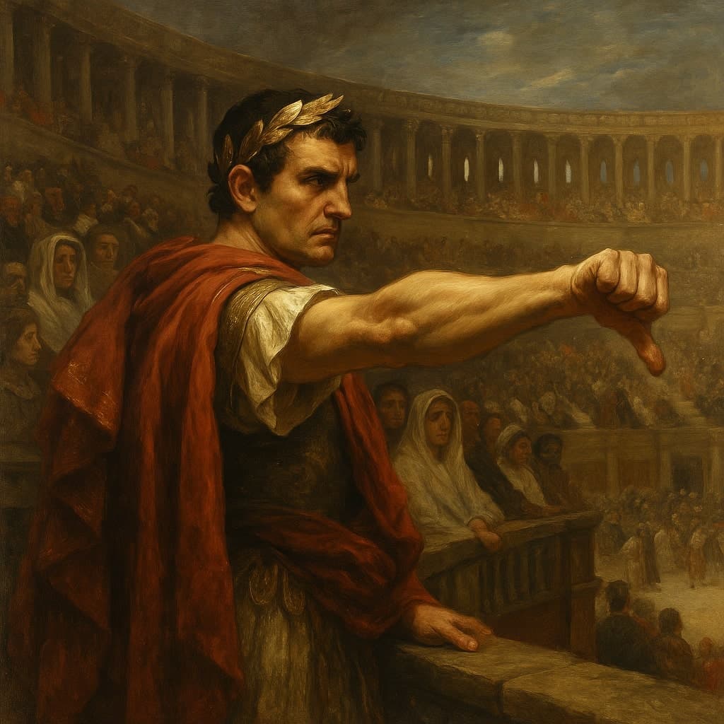Thumbs down gesture against a coliseum backdrop, representing rejection and resilience