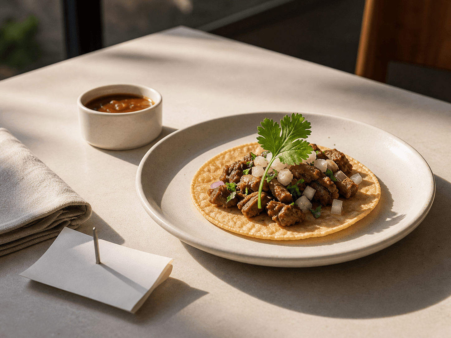A taco with one conspicuous sprig of cilantro