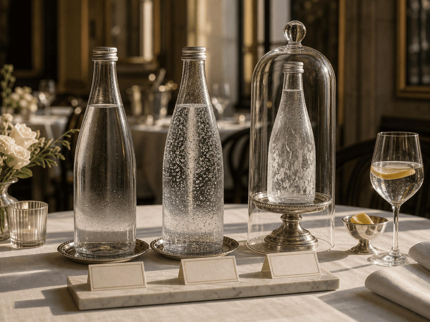 Three elegant bottles of water presented like a formal tasting flight