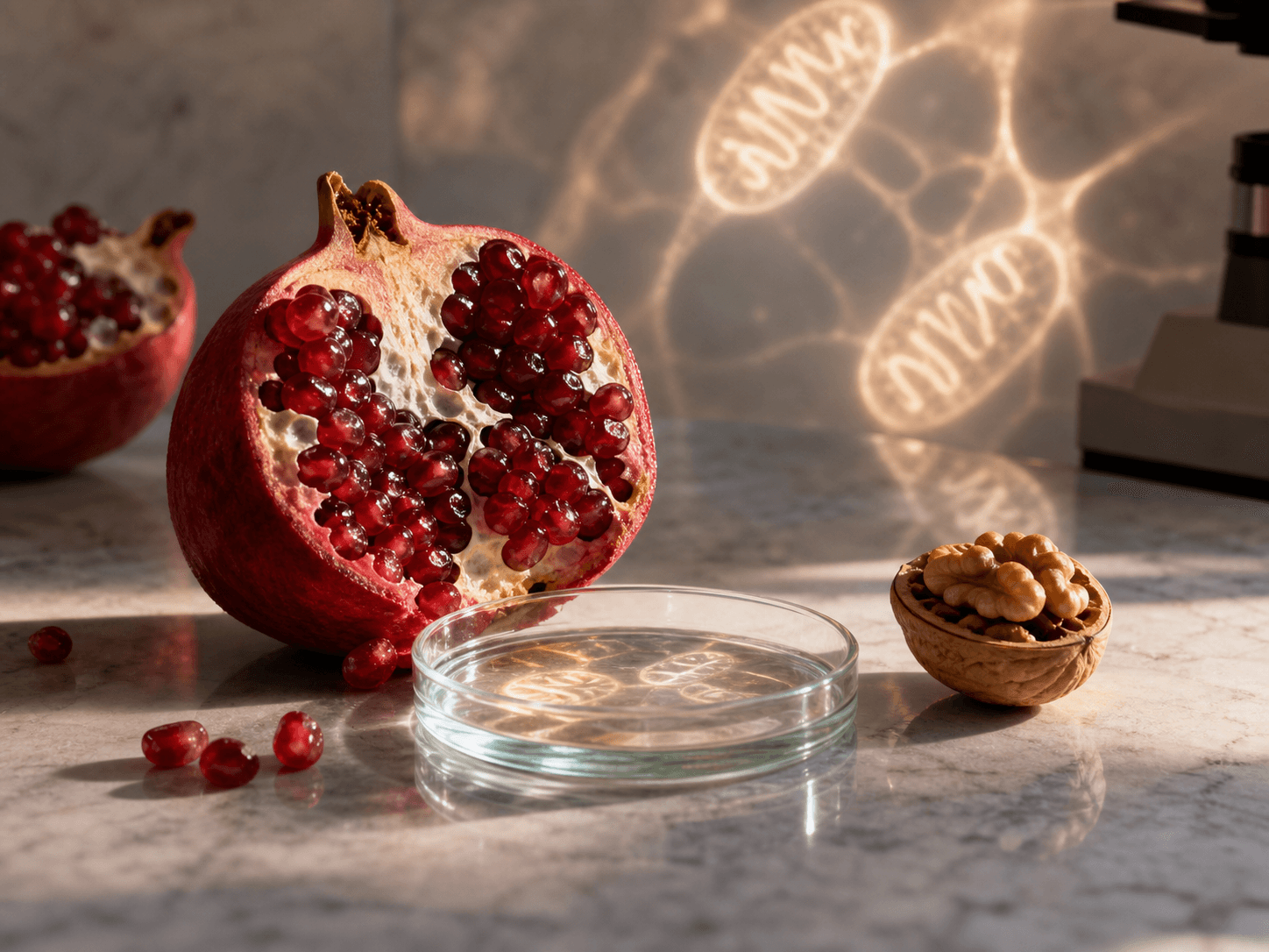 Pomegranate, walnut, and petri dish on a stone laboratory bench