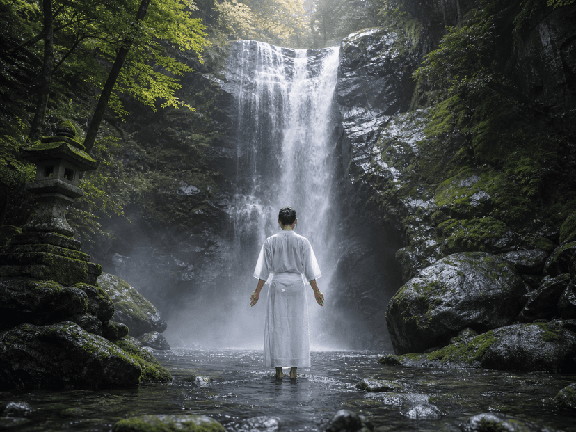 A figure in white ritual clothing standing near a forest waterfall
