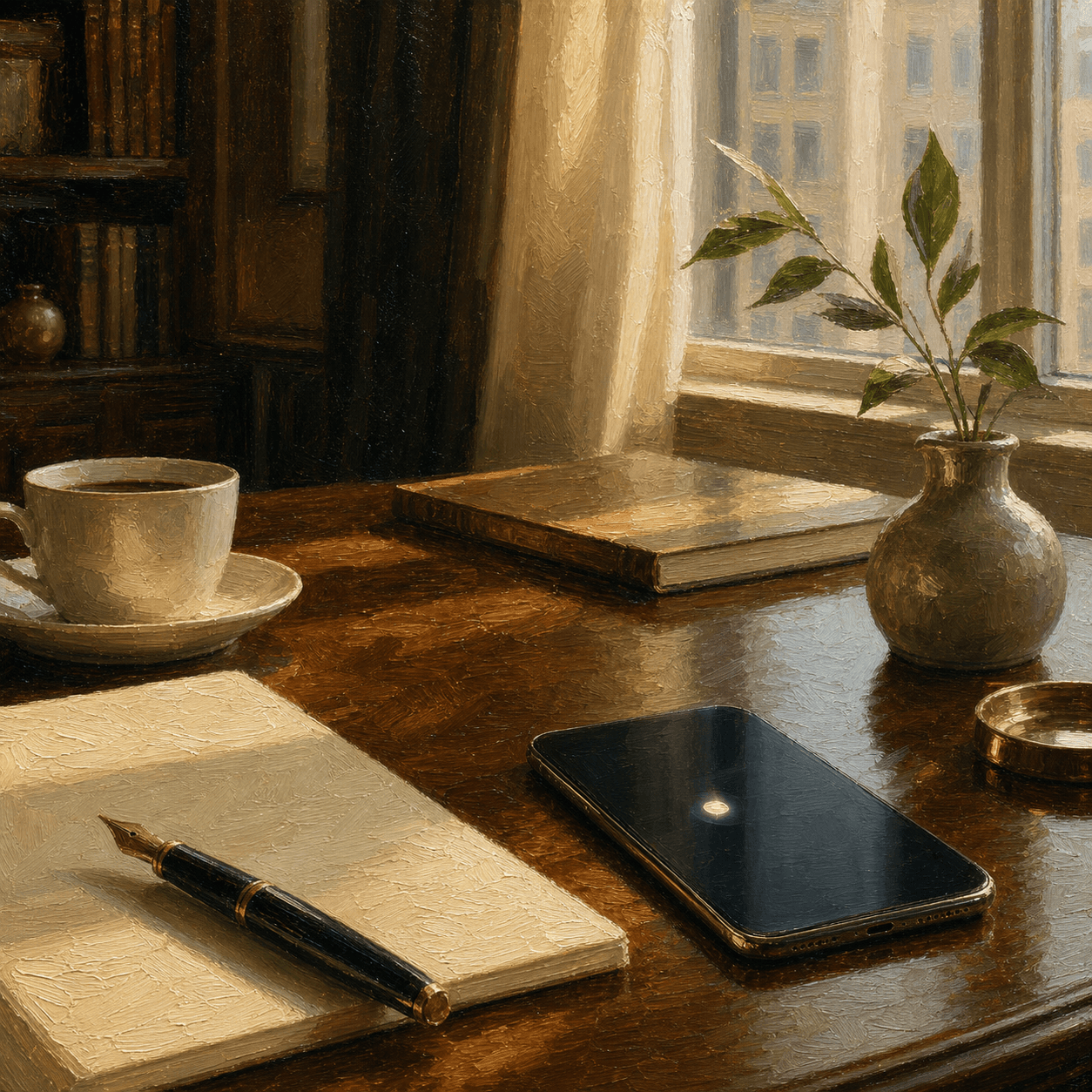 A glowing phone ignored on a polished desk beside a letter and coffee