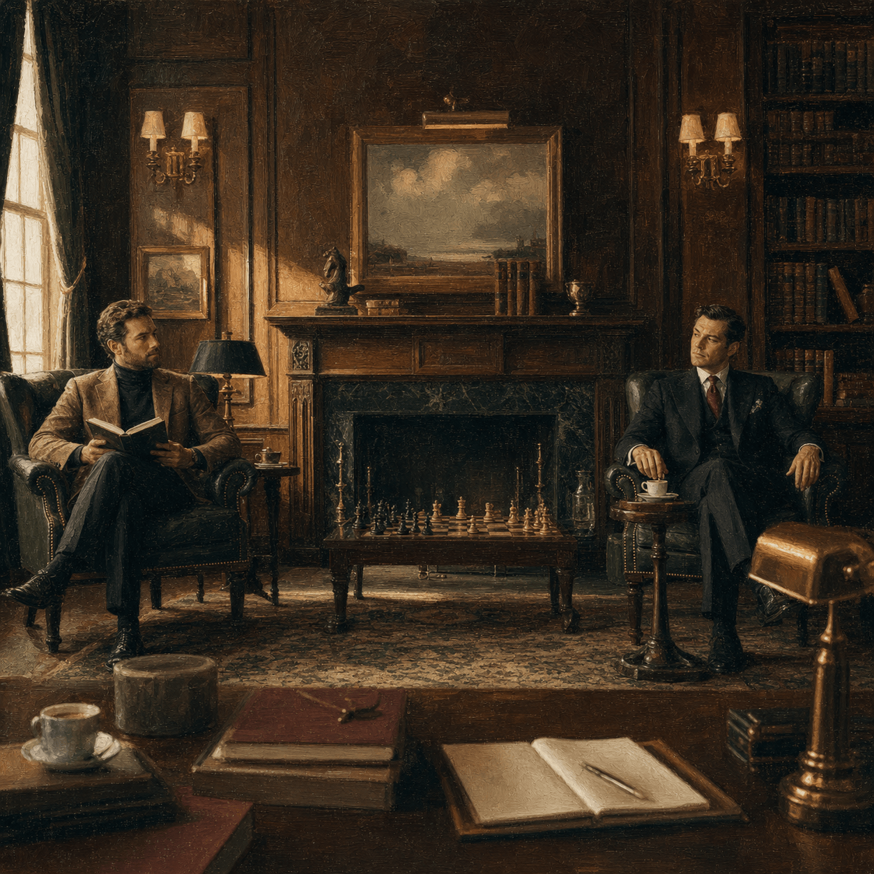 Two elegant rivals seated across a private library in quiet tension