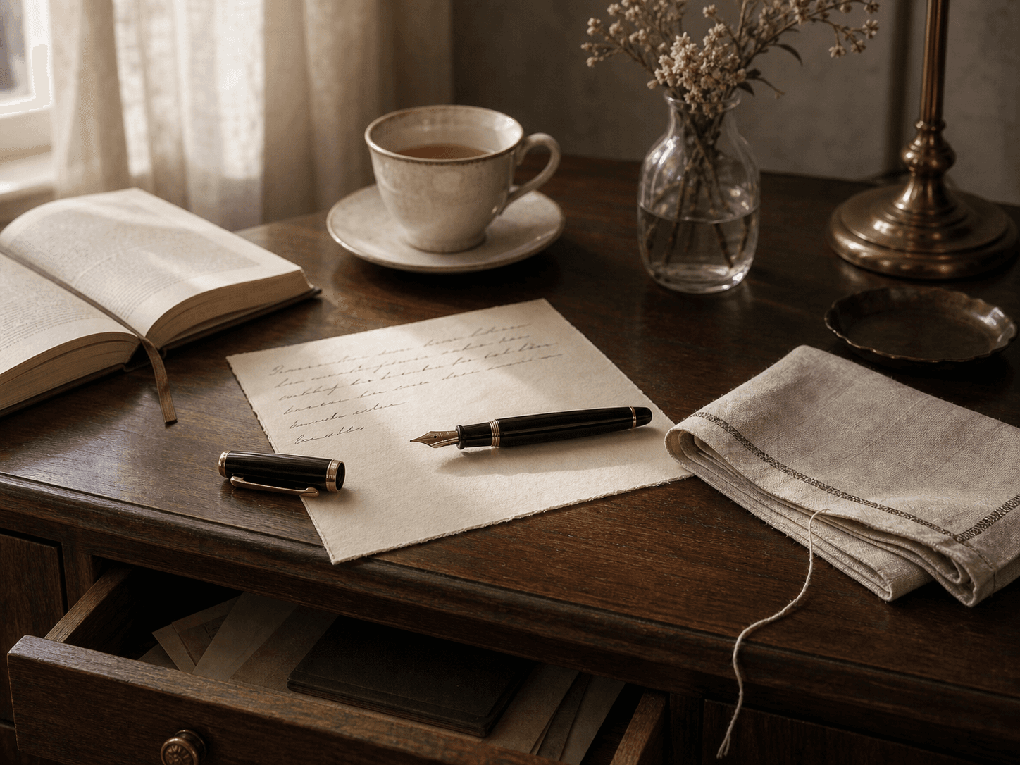 A quiet writing desk with a half-written letter and one drawer left slightly open