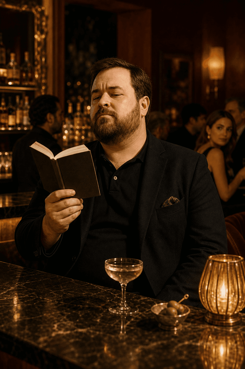 A solemn bearded man reading a small book at a cocktail bar