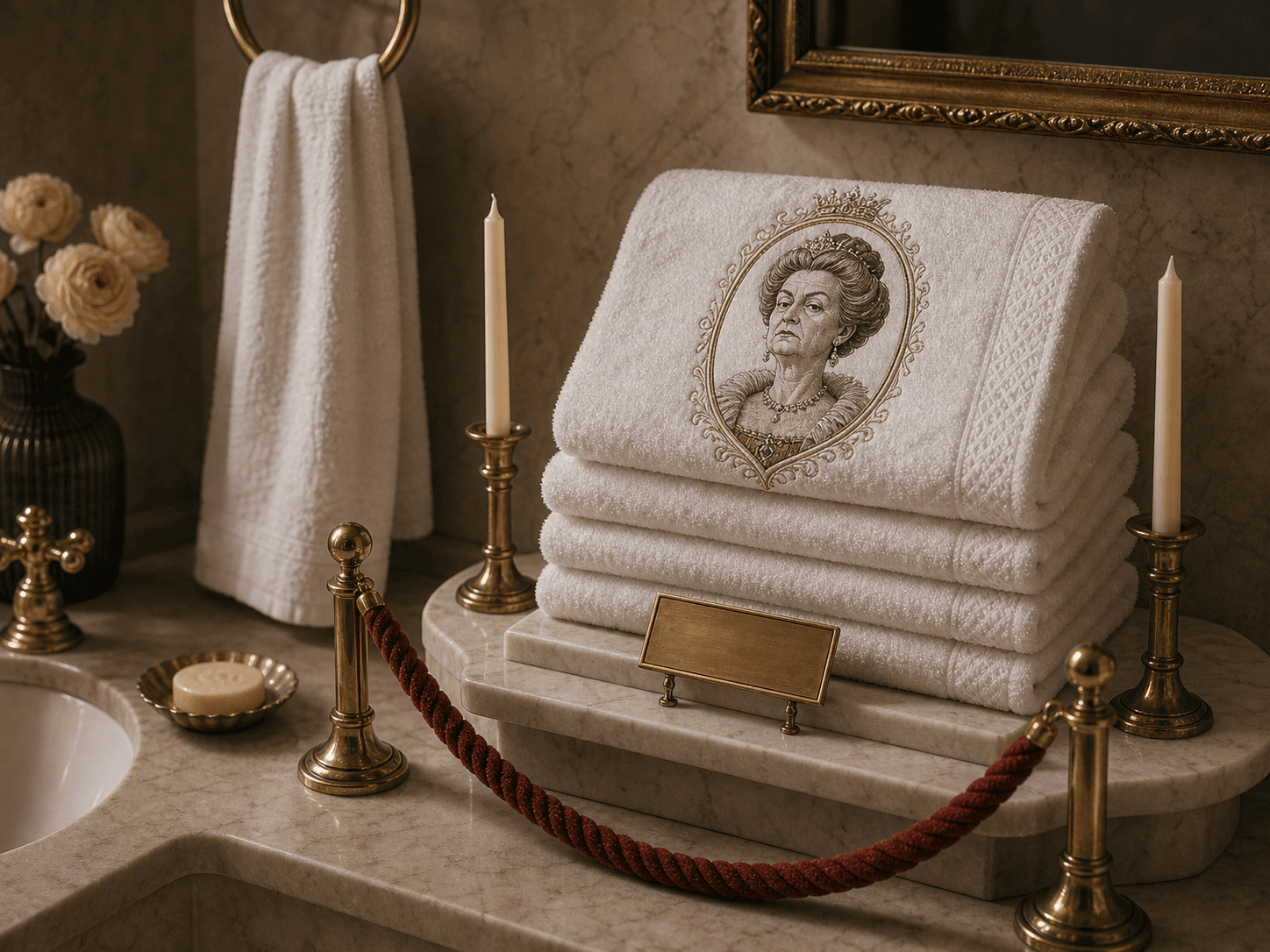 A stack of immaculate guest towels in an elegant powder room