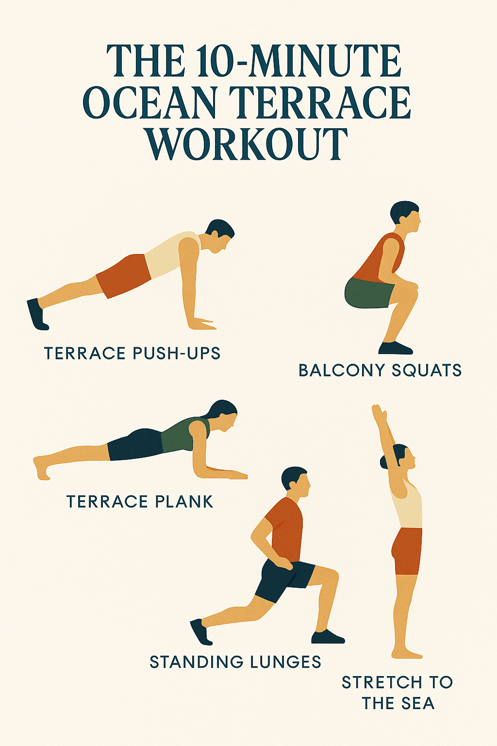 Diagram showing the 5 exercises of the ocean terrace workout
